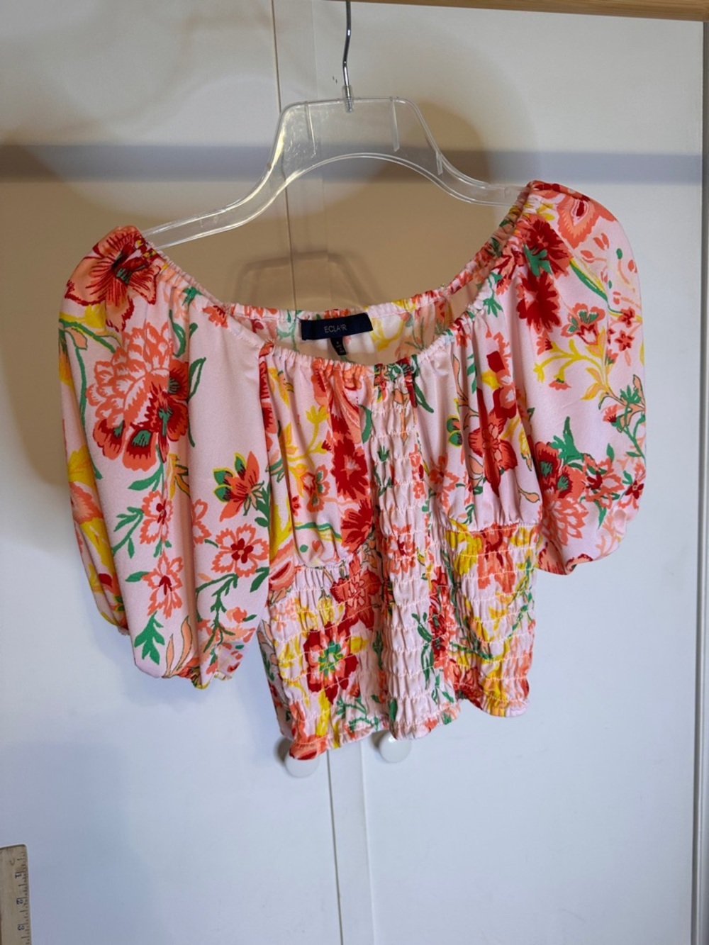 Floral Off-Shoulder Smocked Crop Top - Pink Floral size small
